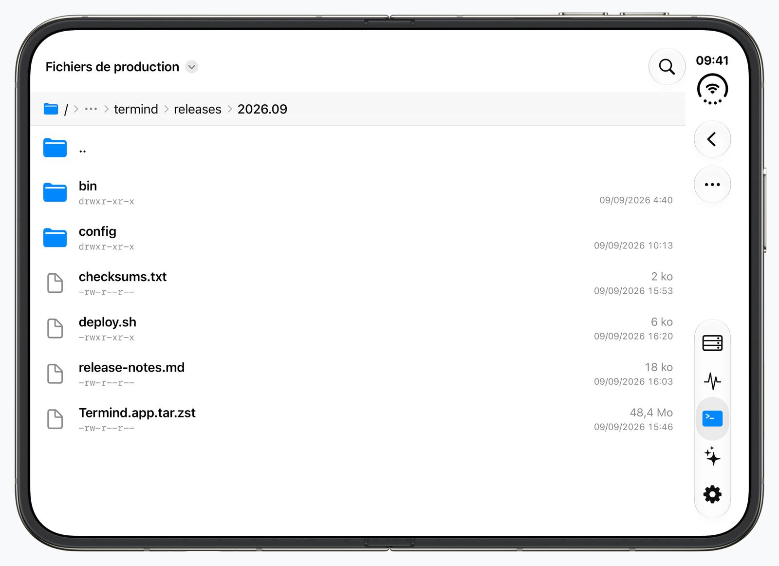 Navigateur de fichiers SFTP sur l’iPhone Duo déplié