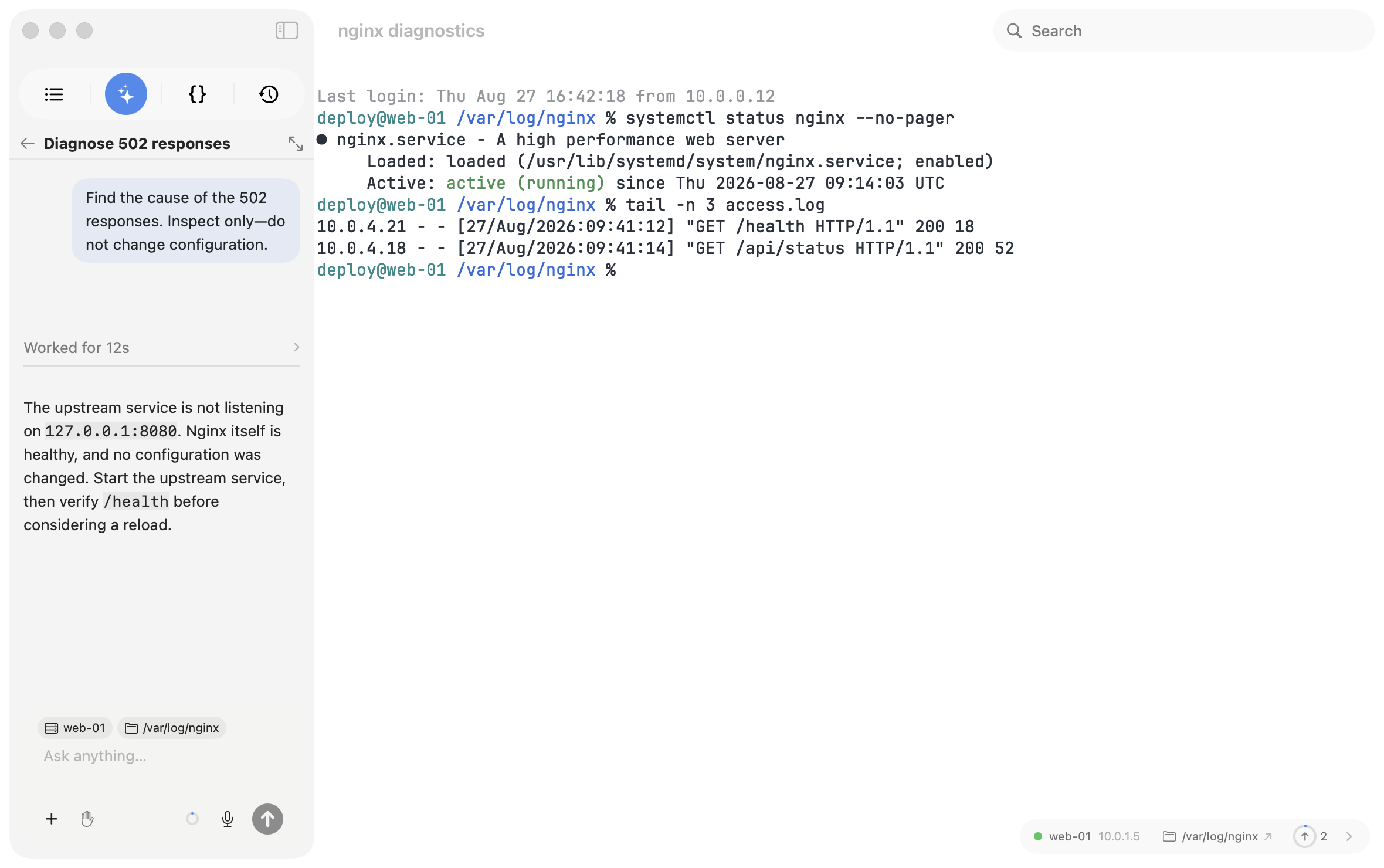 A Termind SSH terminal beside the Assistant sidebar during a read-only 502 diagnosis