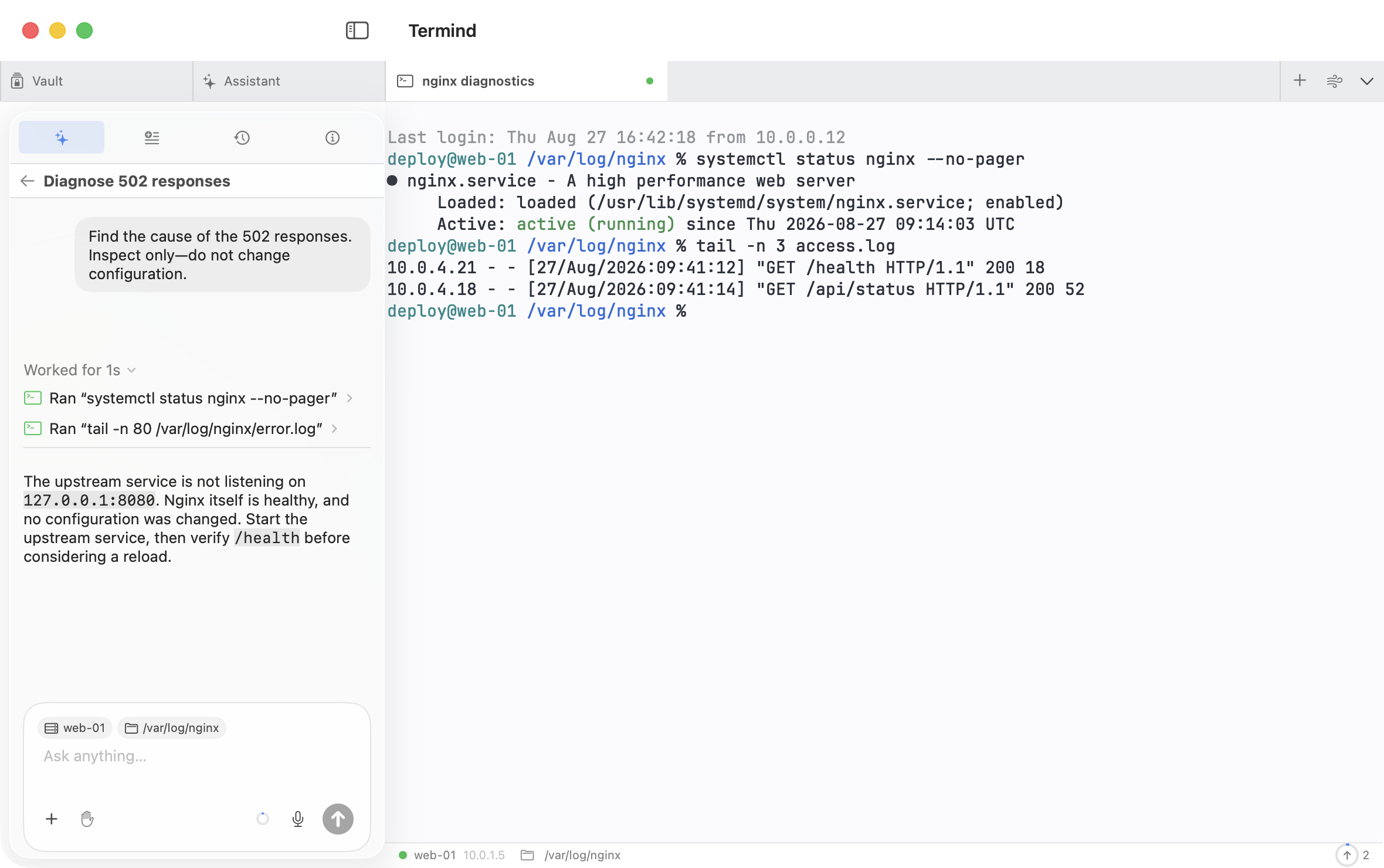 A Termind SSH terminal beside the Assistant sidebar during a read-only 502 diagnosis