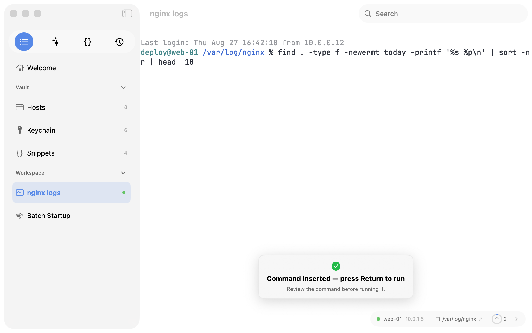 Termind Command Generator inserting a command into the terminal for review