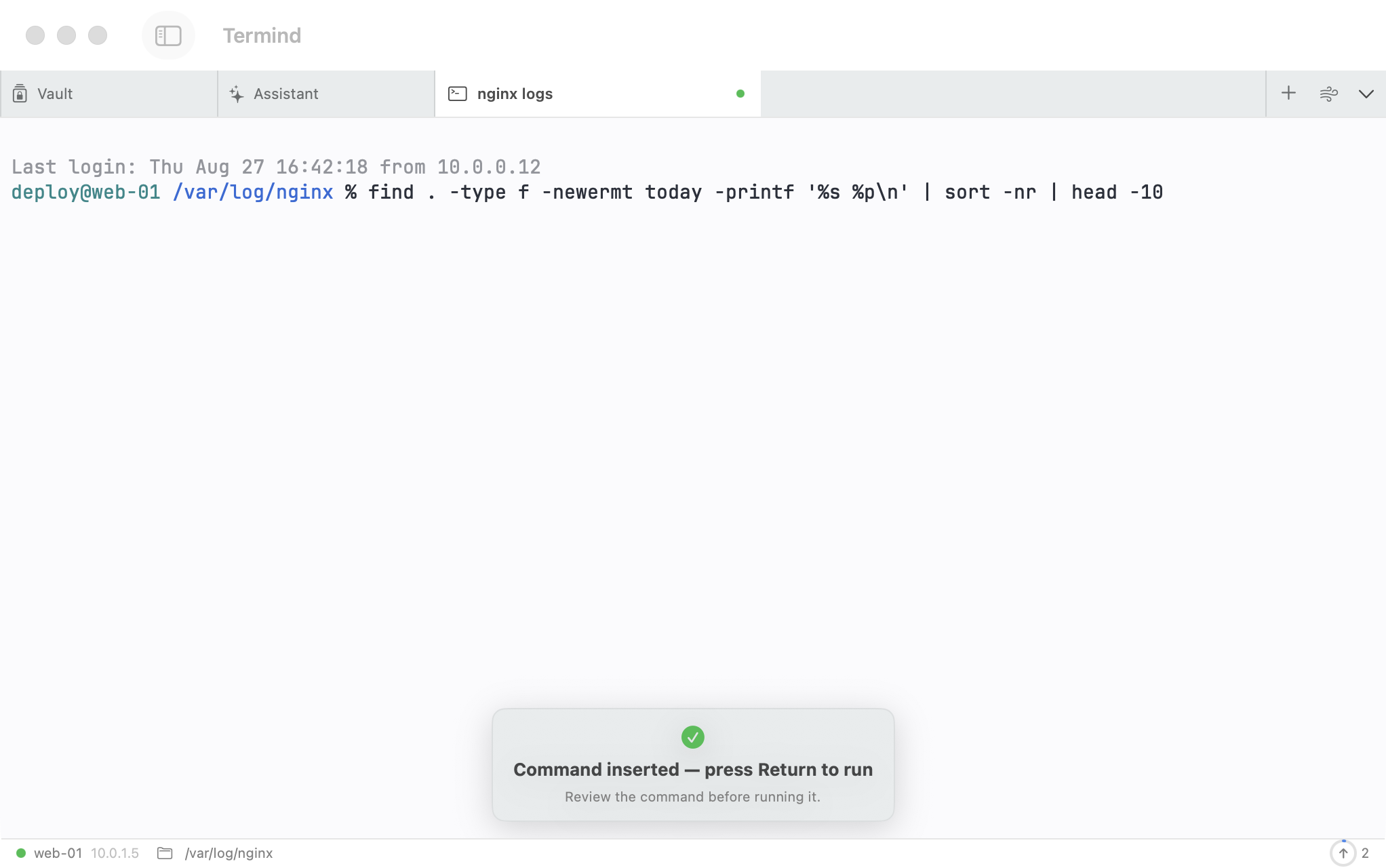 Termind Command Generator inserting a command into the terminal for review