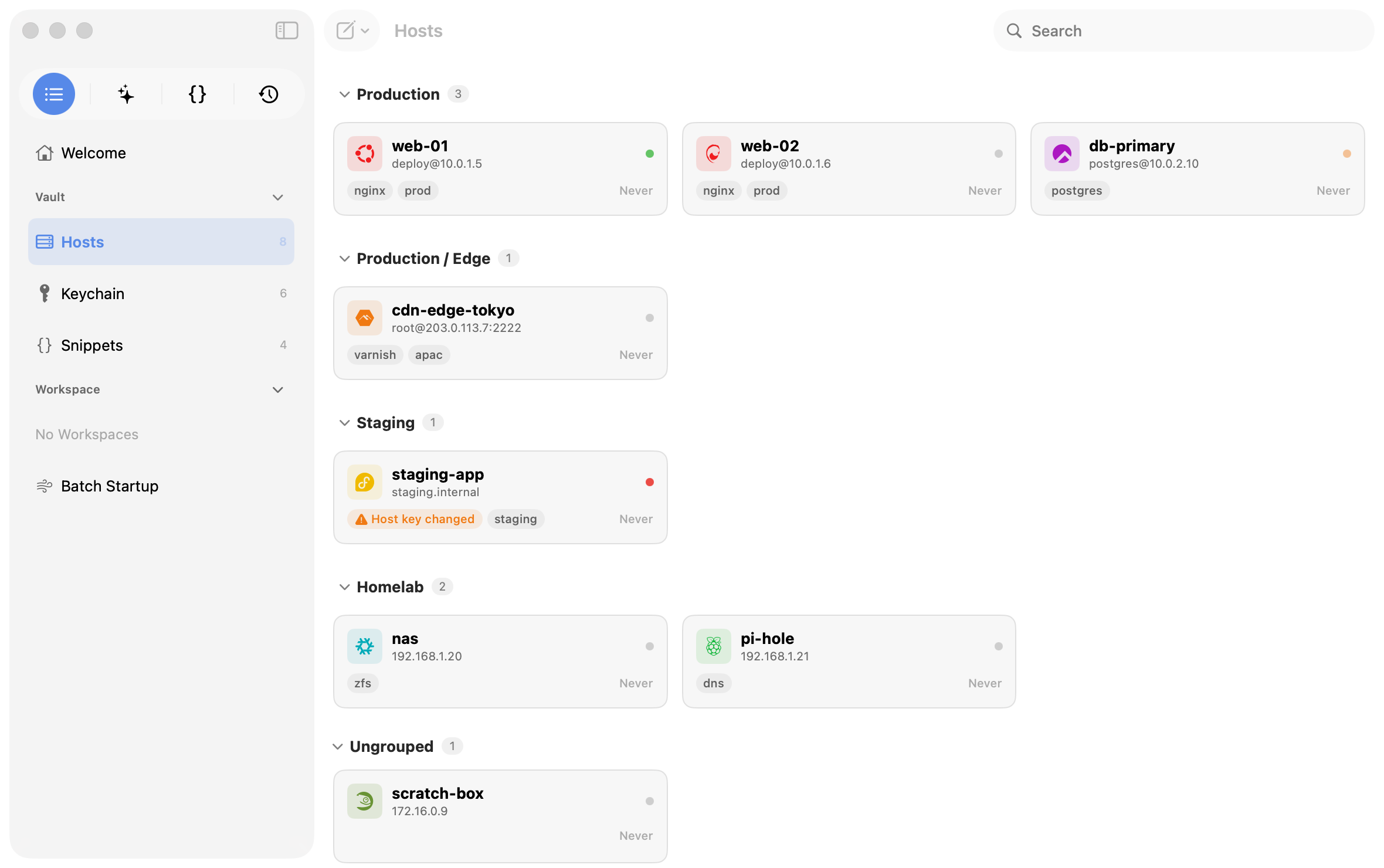 Termind Vault managing hosts, keys, and snippets in one navigator, with grouped host cards in view
