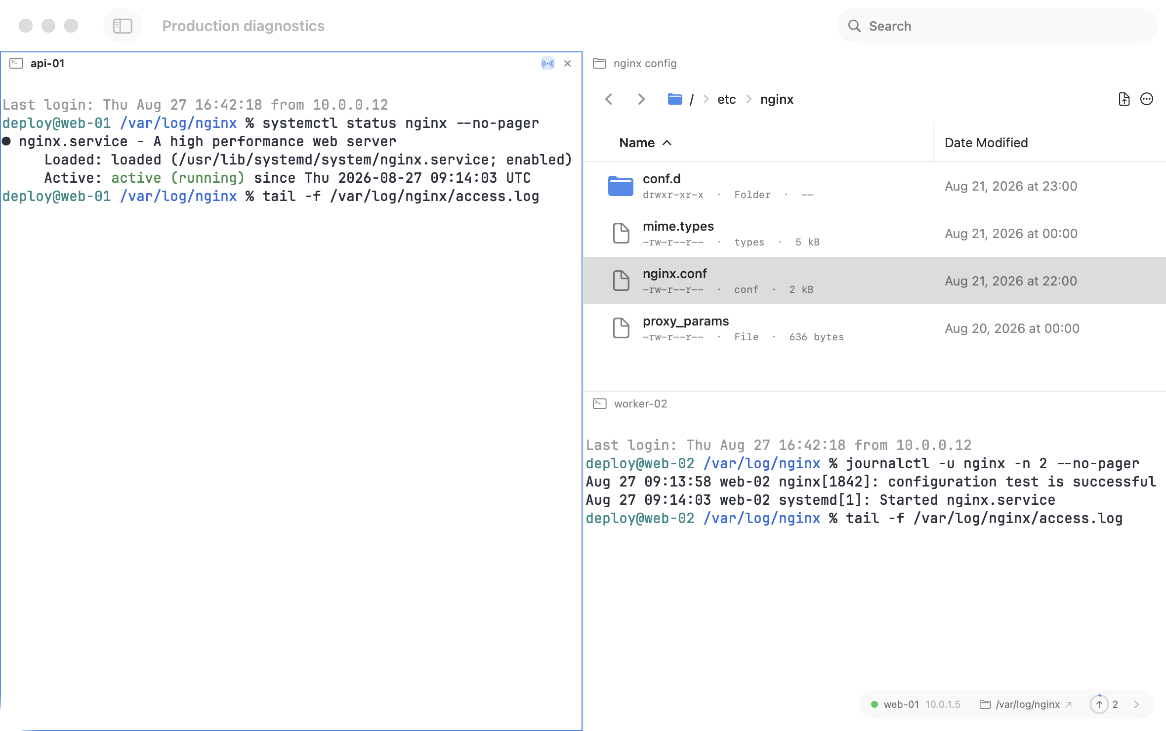 Termind workspace with the sidebar hidden, two SSH terminals, and an SFTP file browser