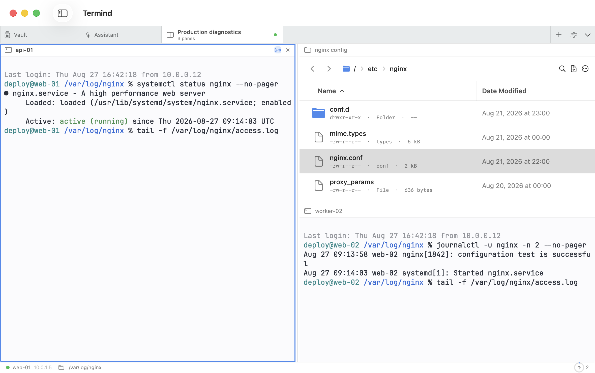Termind workspace with the sidebar hidden, two SSH terminals, and an SFTP file browser